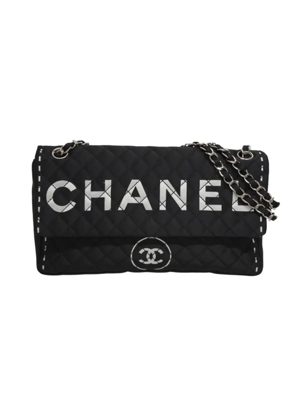 Chanel Quilted Jumbo CC Logo Chain Shoulder Bag Single Flap Black White Silver